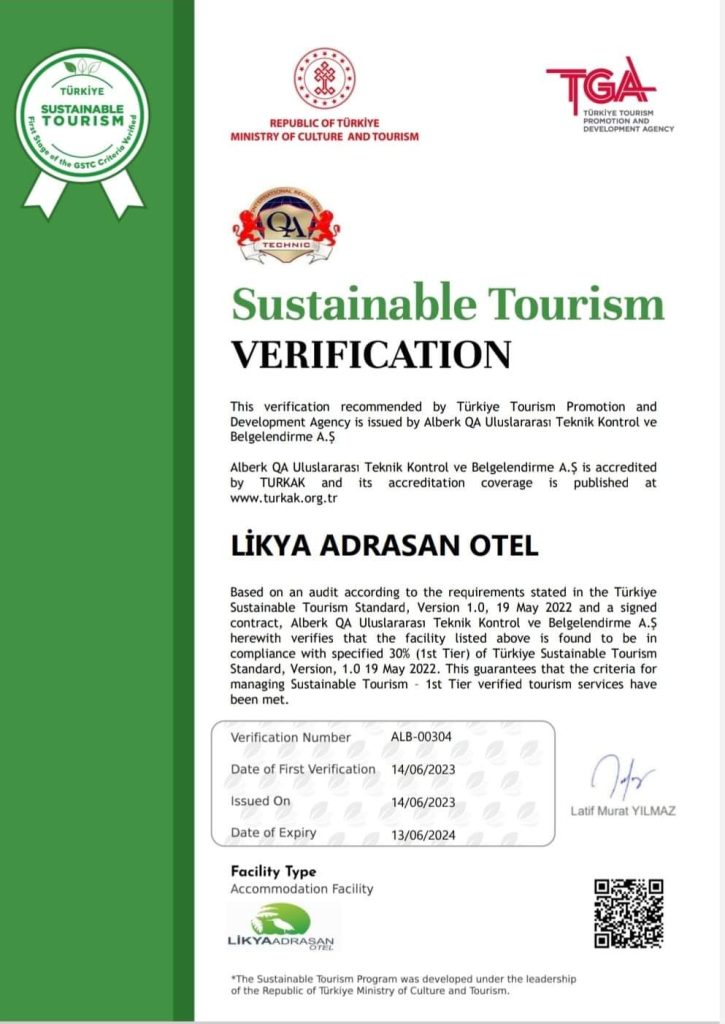 Hakkımızda 9 Likya Adrasan Otel Sürdürülebilir Turizm Sertifikası İngilizce